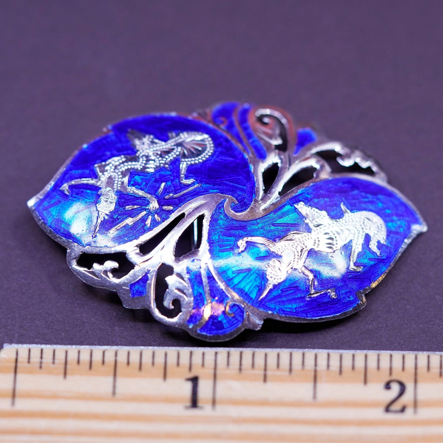 Vintage Indian SIAM handmade sterling 925 silver blue enamel brooch w/ goddess