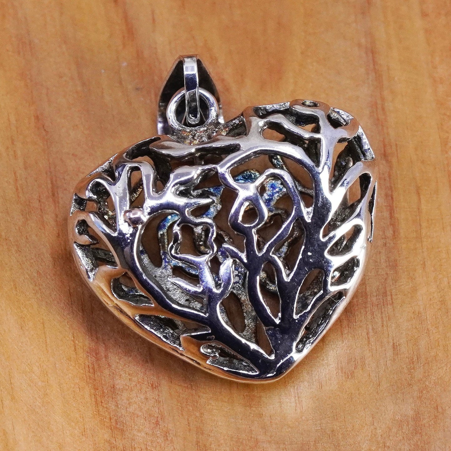 Vintage Sterling silver handmade pendant, 925 filigree puffy heart pendant