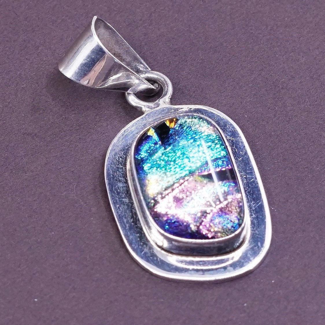 VTG Sterling silver handmade pendant, solid 925 silver with blue foil glass