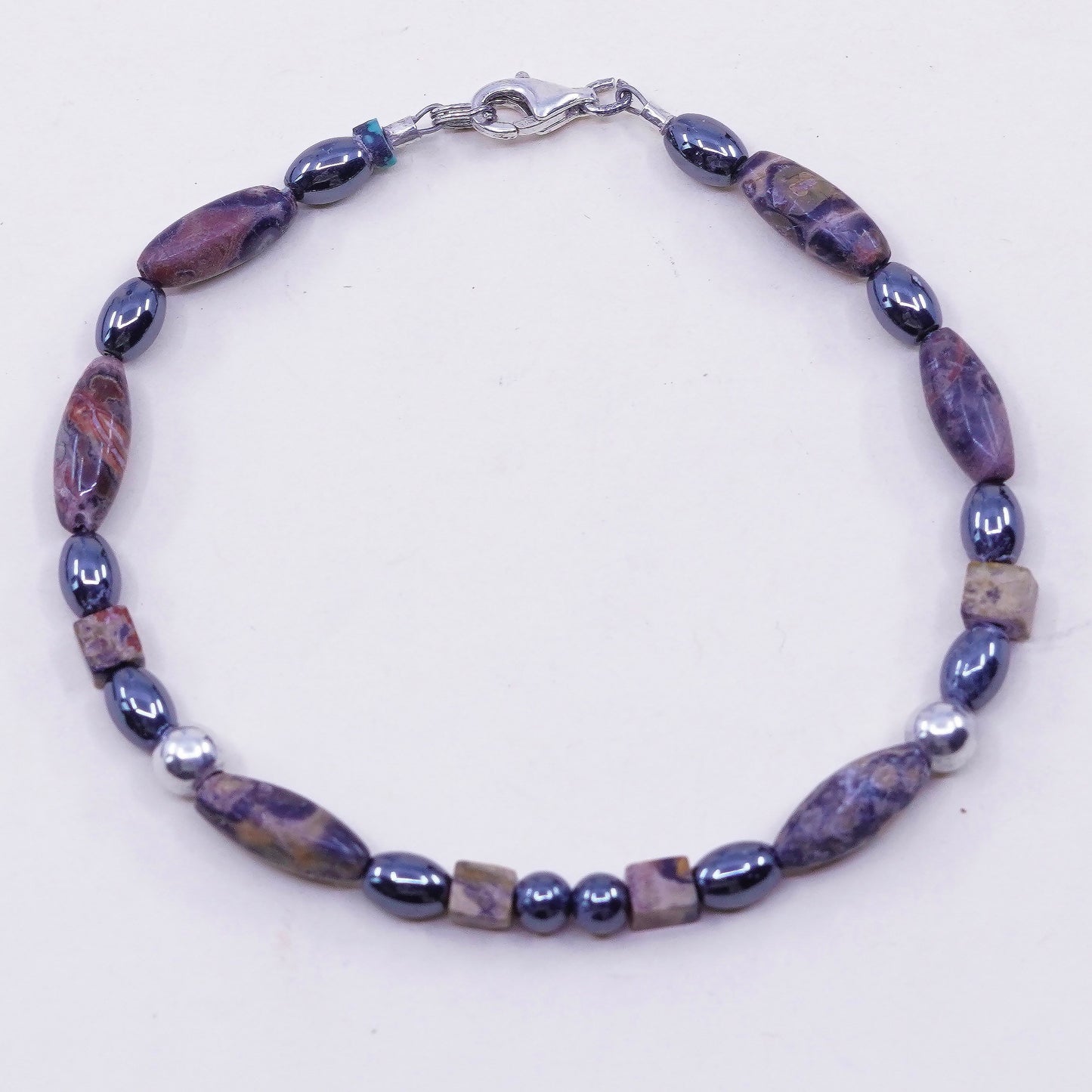 7”, handmade vintage Jasper beads bracelet with Sterling silver closure