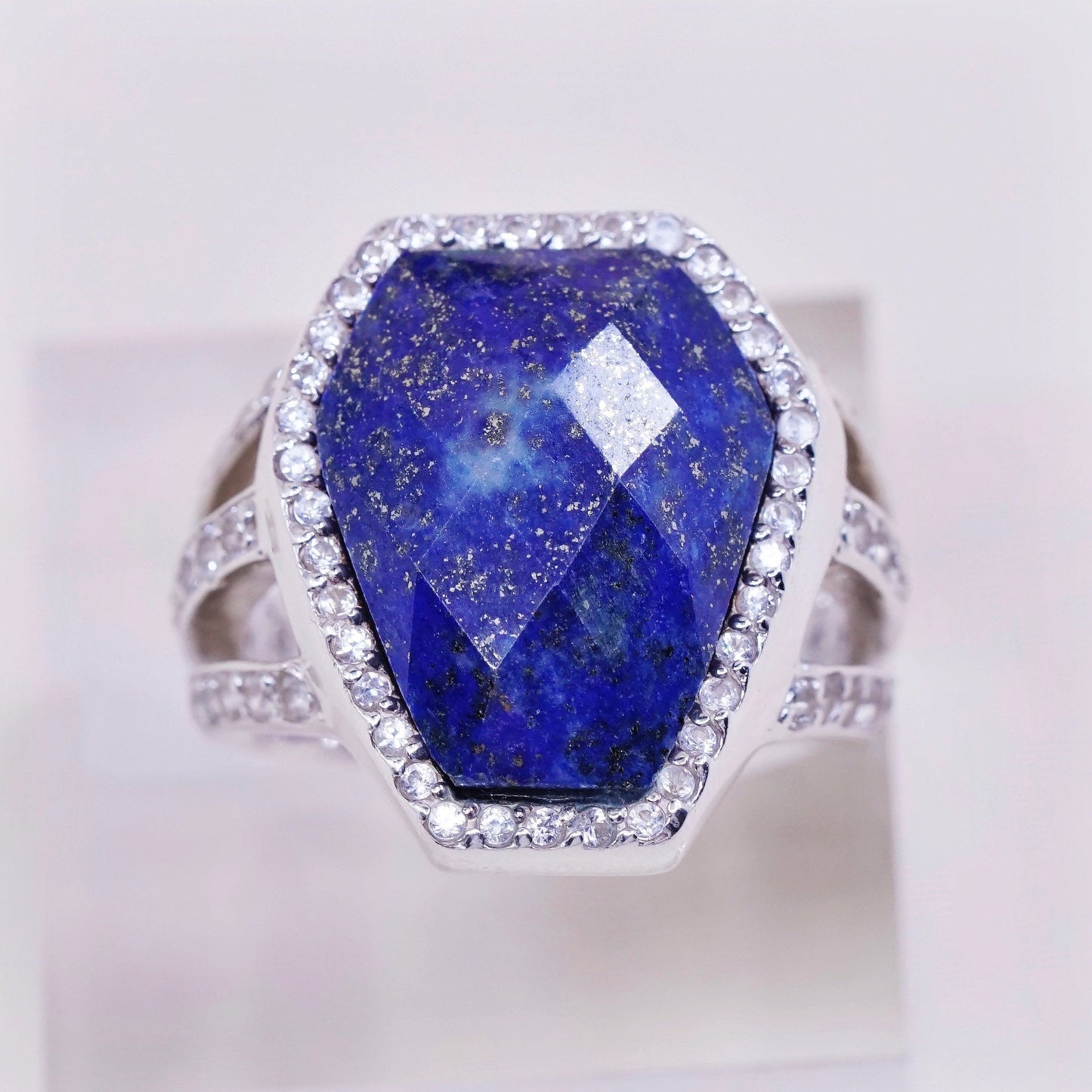 Size 10, vtg sterling 925 silver handmade ring with Lapis lazuli and Cz around