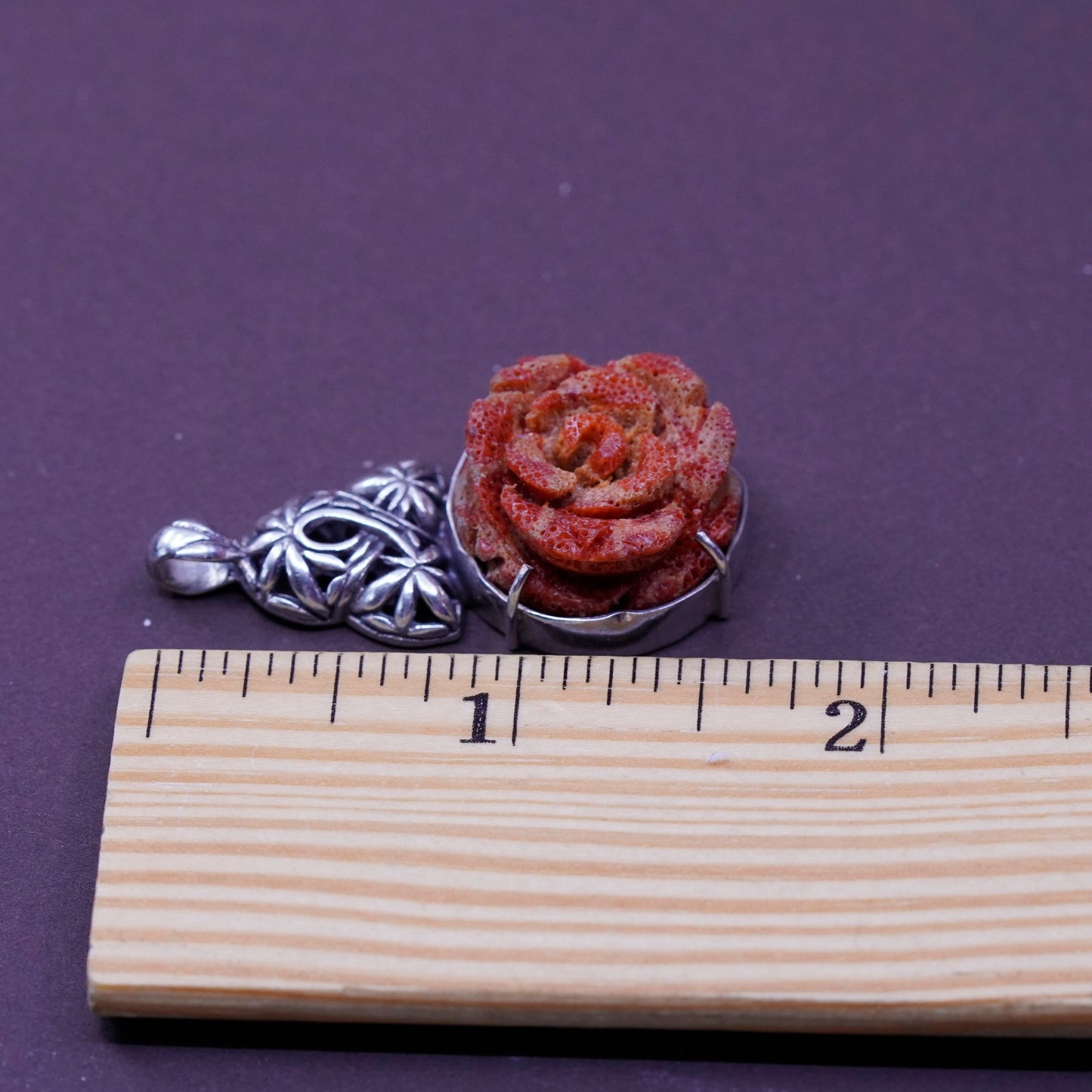 Vintage Sterling 925 silver handmade pendant with flower red coral