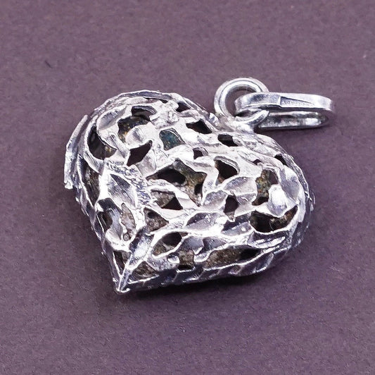 VTG Sterling silver handmade pendant, 925 silver filigree puffy heart pendant