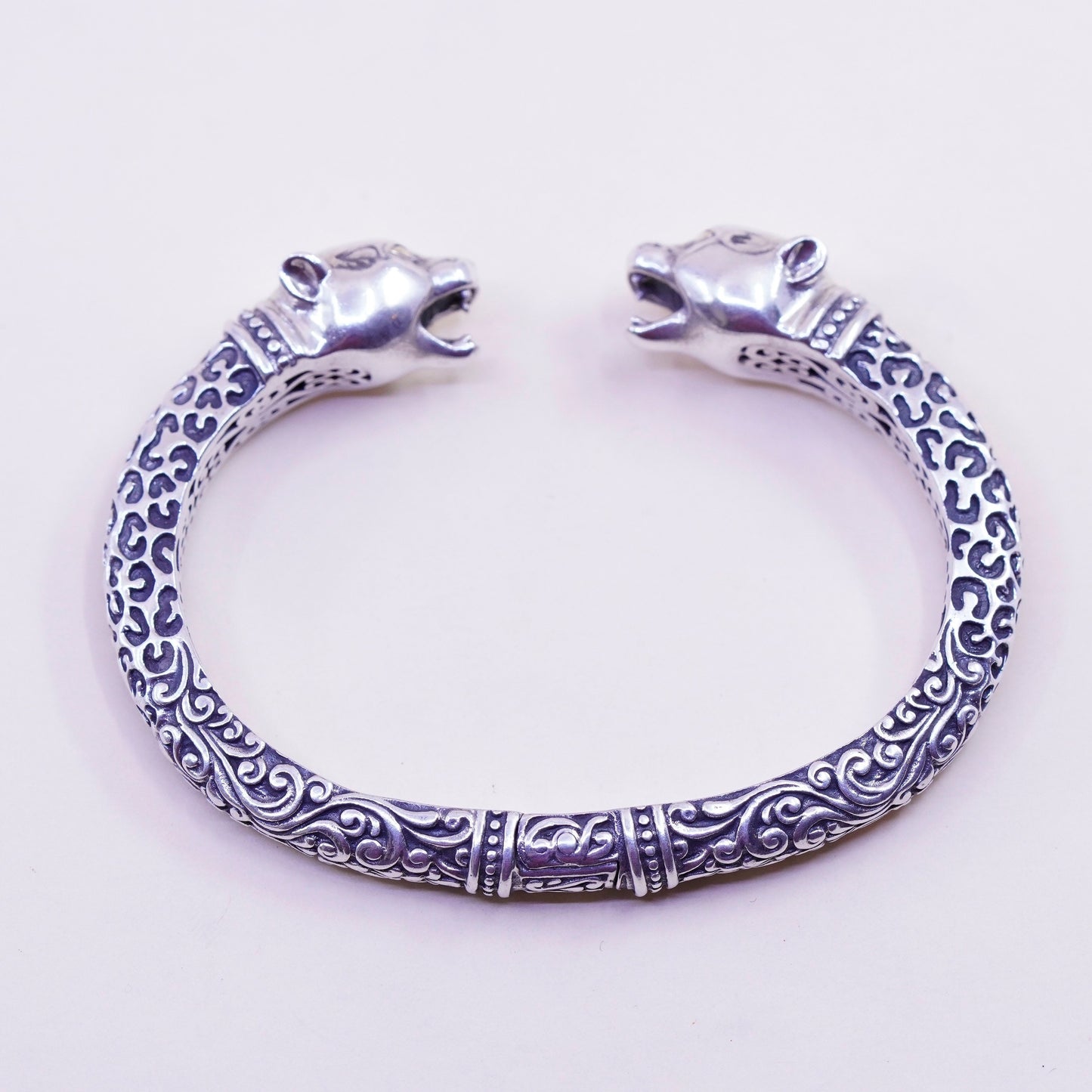 7”, designer 18K gold sterling silver Bali bracelet, 925 bangle leopard head
