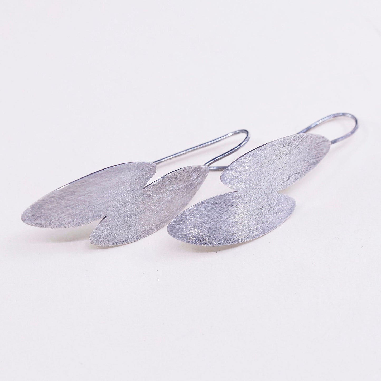 vtg Sterling silver handmade earrings, geometric leaf drops, Matt surface