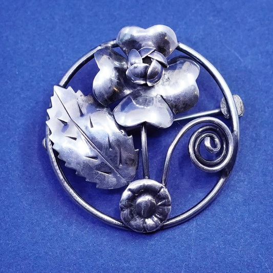 Vintage 1940s RAFFAELE Sterling Silver handmade Flowers Pin Brooch