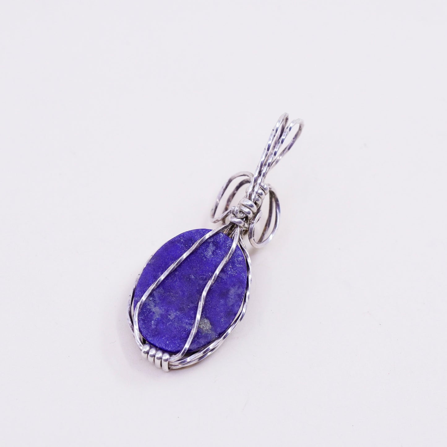 Vintage Sterling 925 silver handmade wired pendant with oval lapis lazuli