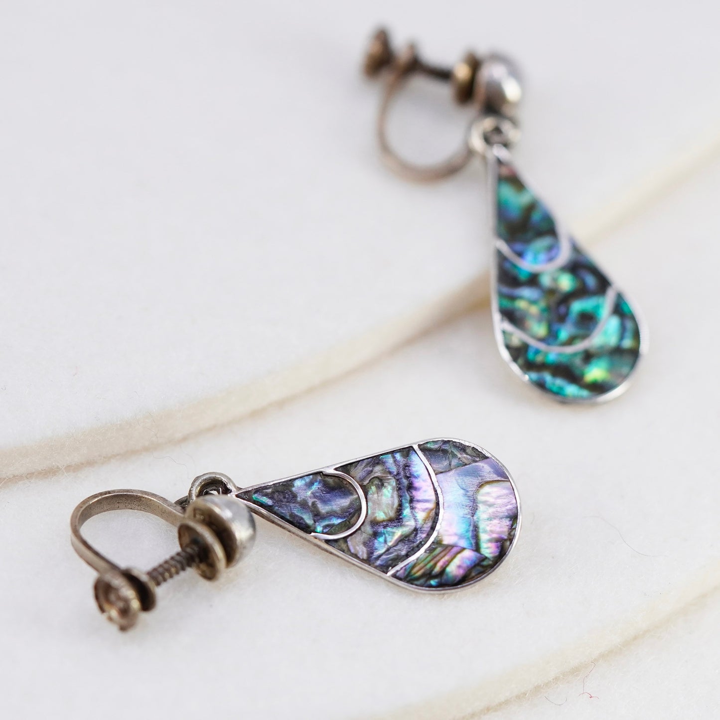 Vintage Sterling 925 silver handmade earrings, teardrop screw back with abalone