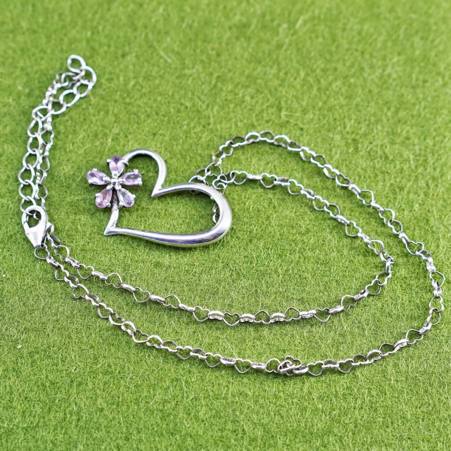 18”, VAR sterling silver handmade necklace, 925 chain heart Pendant amethyst