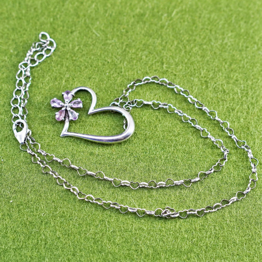 18”, VAR sterling silver handmade necklace, 925 chain heart Pendant amethyst