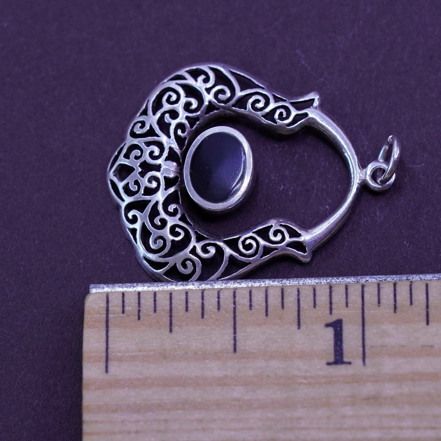 Vintage Sterling 925 silver handmade pendant with obsidian and filigree