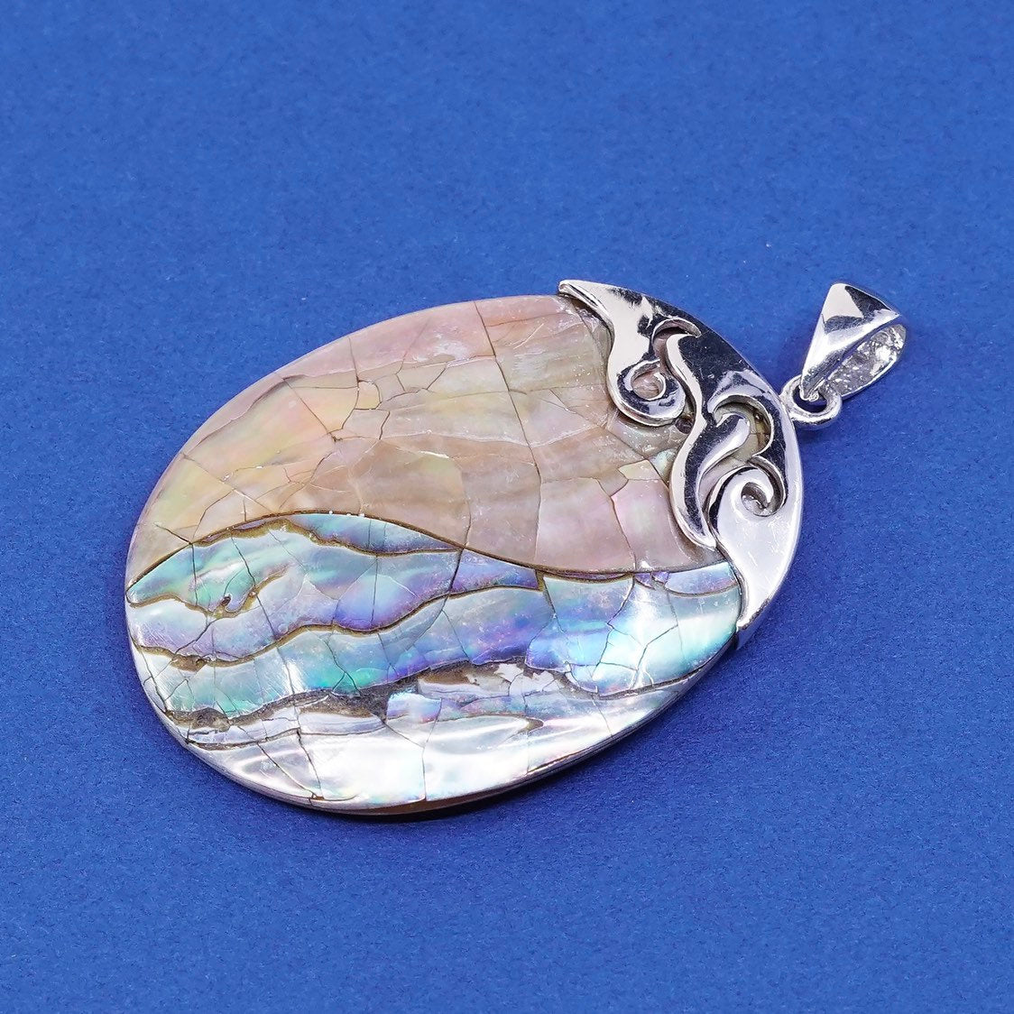 vtg Sterling silver handmade pendant, 925 pendant w/ abalone shell,