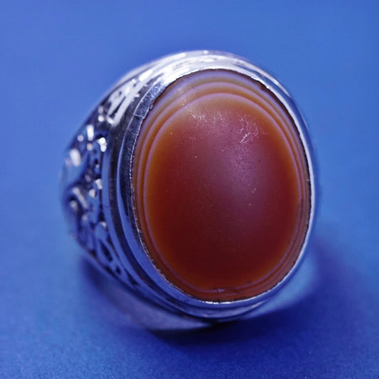 Size 14.25, Sterling 925 silver handmade statement ring with agate and floral