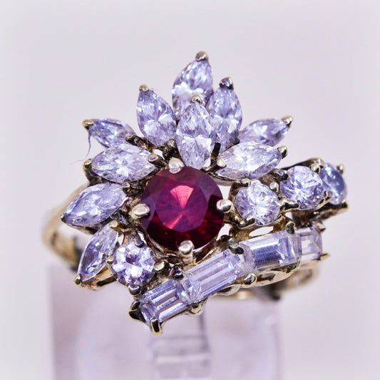 Size 10.5, Vintage sterling silver handmade statement ring, ruby and cluster cz