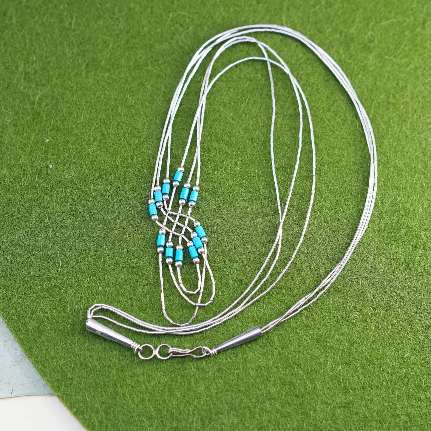 16”, liquid Sterling silver 3 strands necklace, Native American 925 turquoise