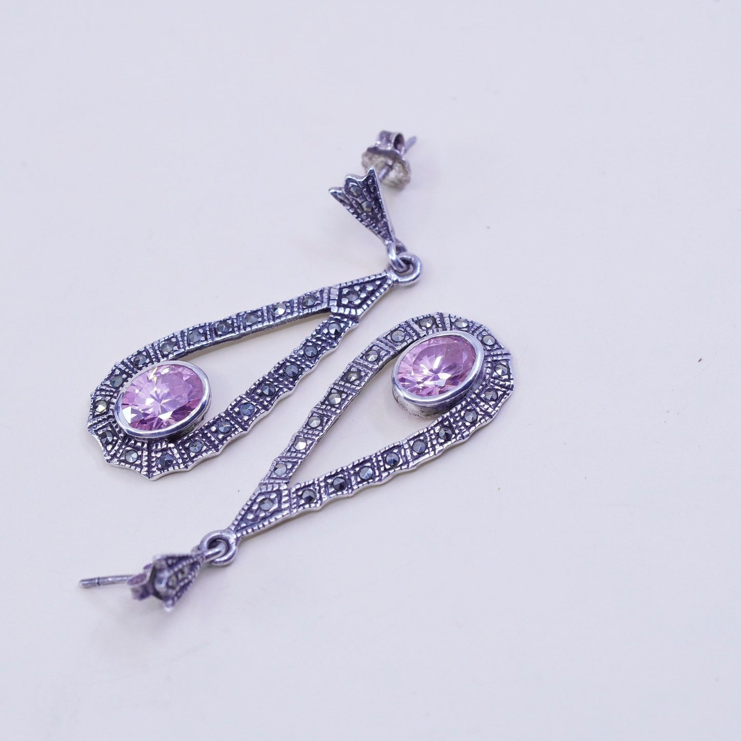 vtg Sterling silver handmade earrings, 925 teardrop with pink crystal marcasite