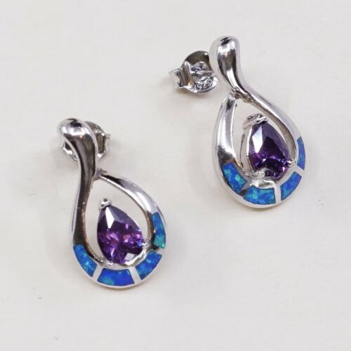 Vtg Sterling Silver Handmade Earrings, 925 Silver Studs W/ Amethyst N Opal