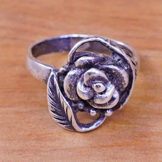 Size 6.5, vintage Sterling silver handmade ring, 925 rose flower on vine