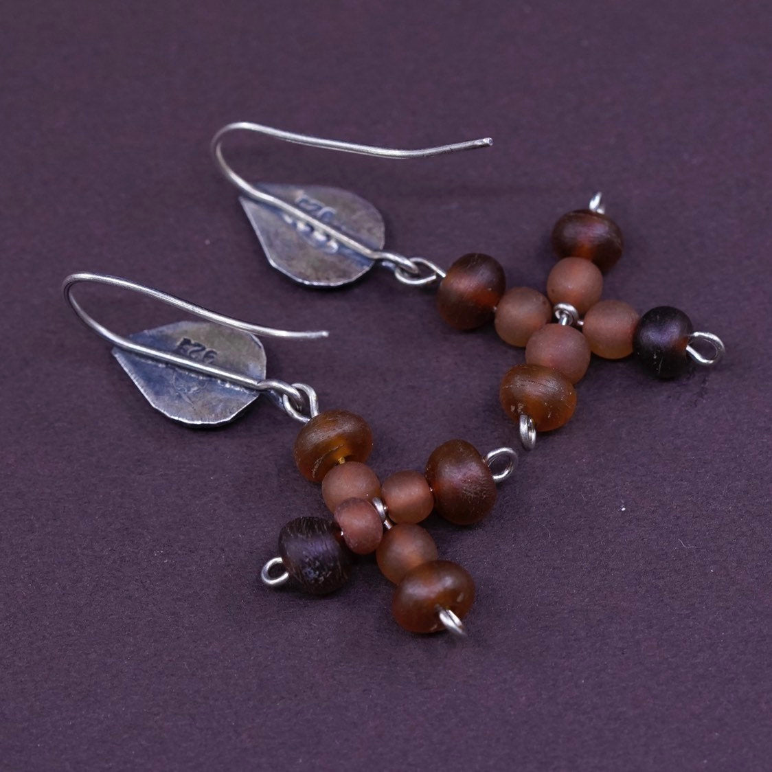 vtg Sterling silver handmade earrings, 925 teardrop with beads cross