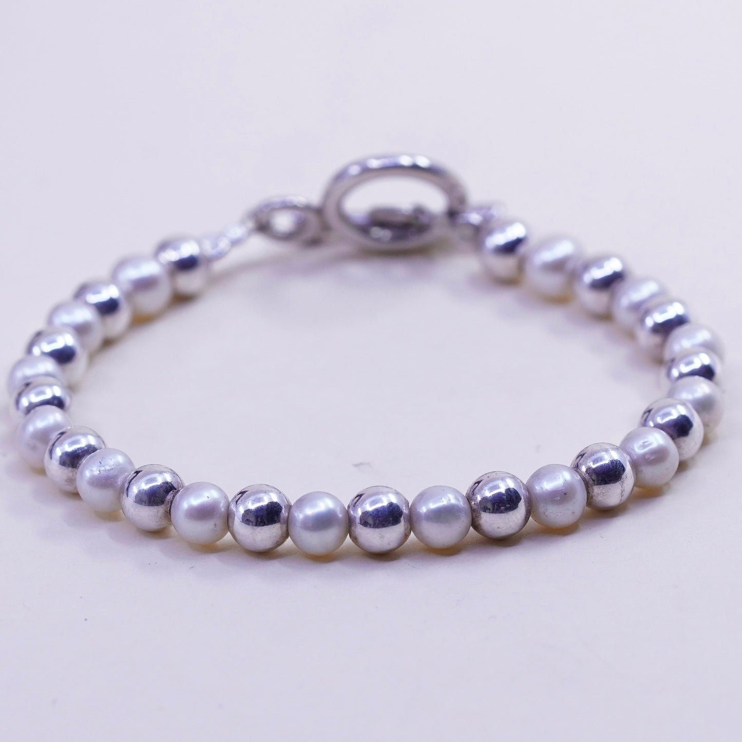 6.75”, Vintage handmade bracelet, pearl beads with 925 beads and toggle closure