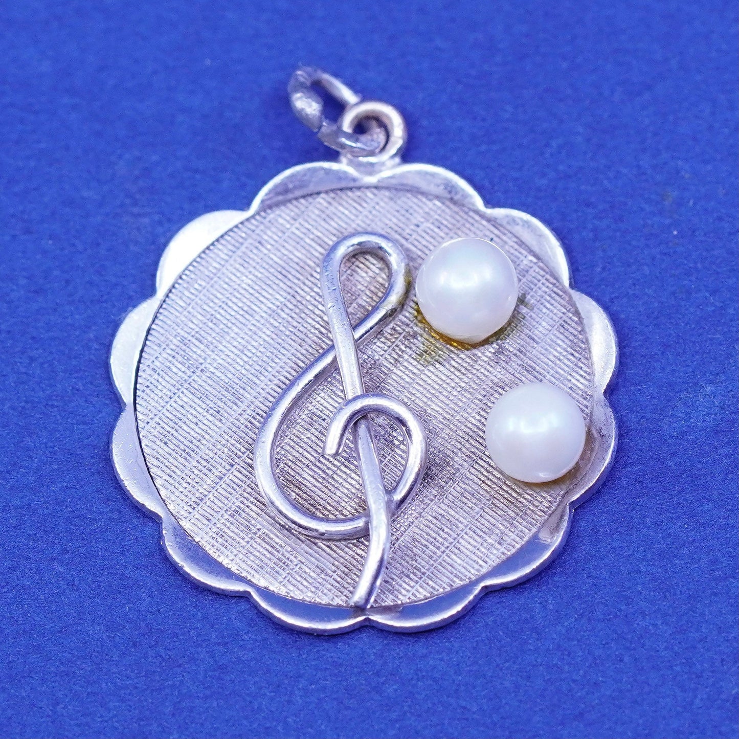 Vintage sterling silver handmade pendant, 925 whirly, swirl music note pearl