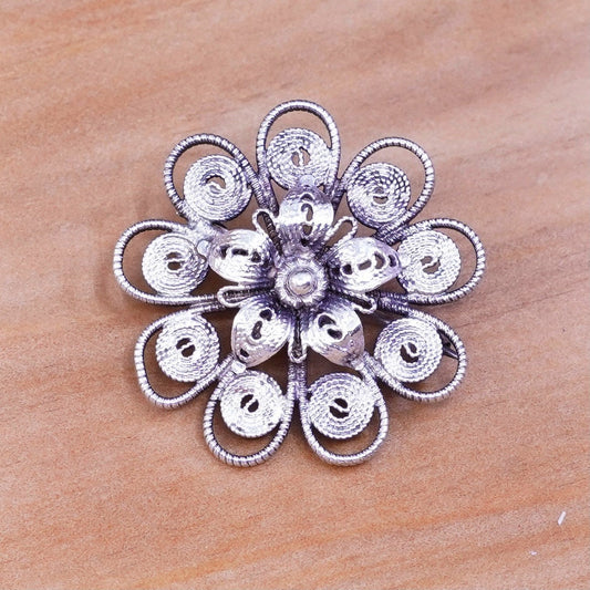 Vintage handmade sterling 925 silver filigree flower brooch pin