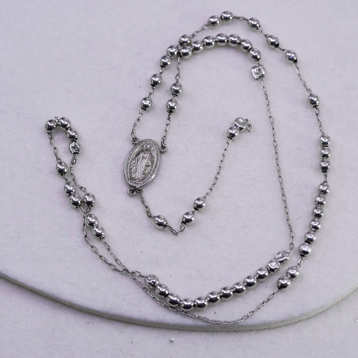 22”, Israel sterling silver rosary necklace chain w/ Virgin Mary pendant beads