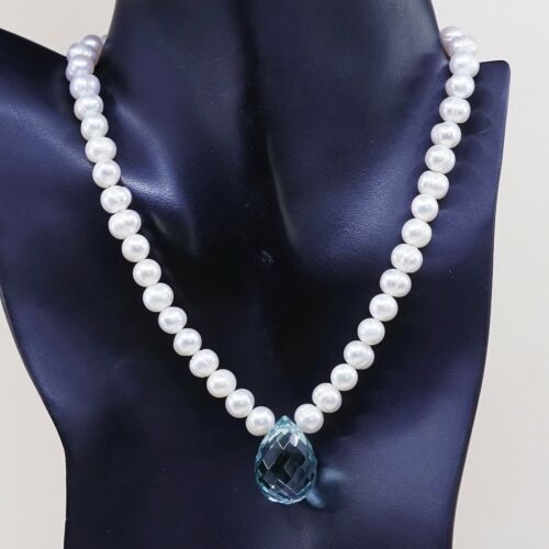 16+1”, Vtg Sterling 925 silver handmade necklace W Pearl N Teardrop Blue Crystal