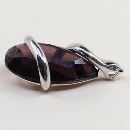 Vtg HDIA U Sterling 925 silver Snake N Diamond Eyes N teardrop Amethyst pendant