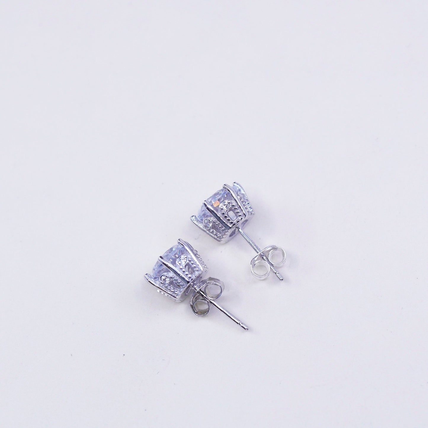 8mm, Vintage sterling silver genuine cz studs, filigree crown earrings