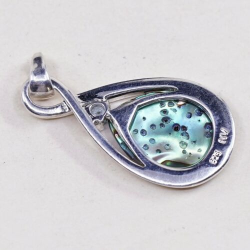 Vtg Sterling 925 Silver Handmade Pendant W/ Teardrop Abalone N Sapphire Detail