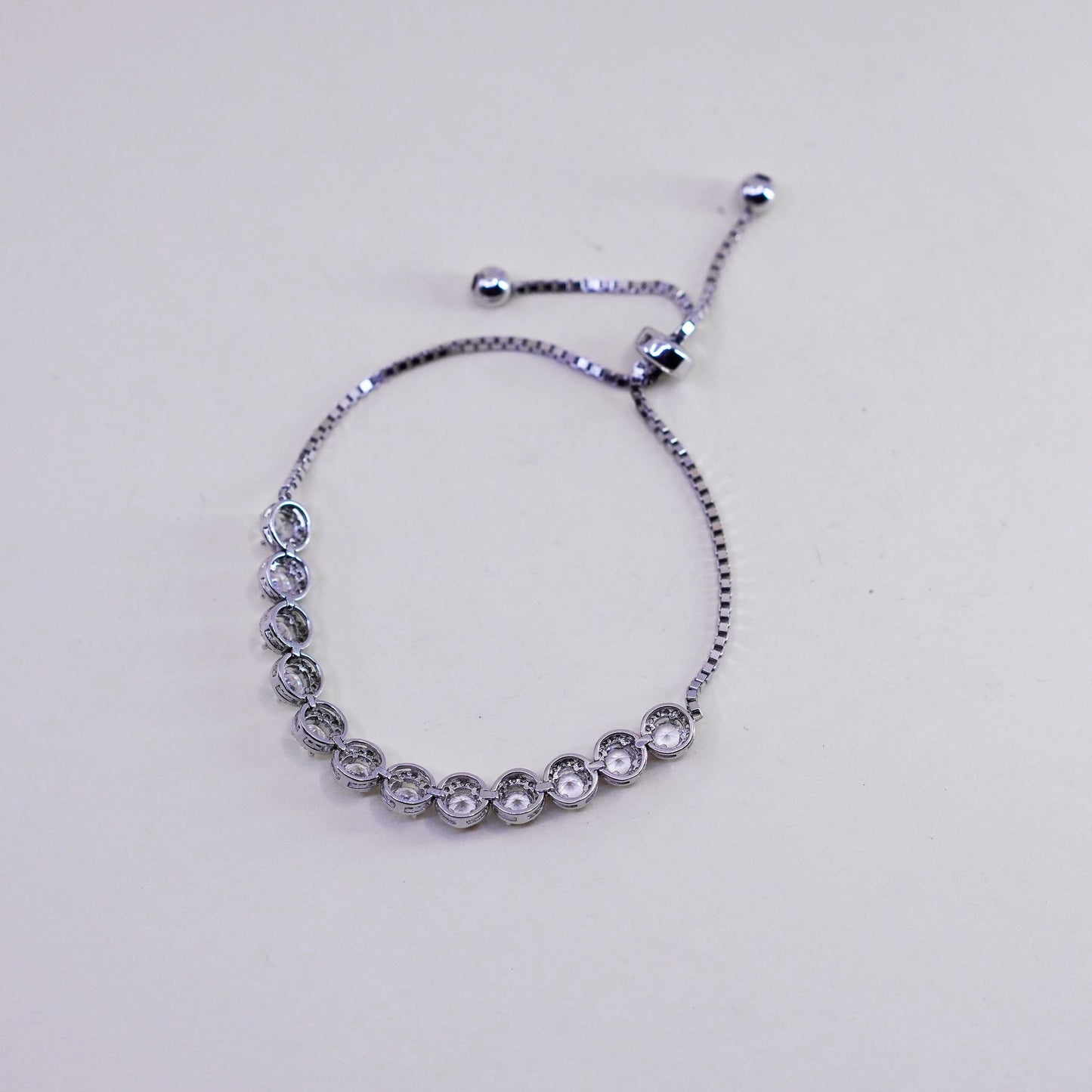 Size adjustable, Vintage sterling silver bracelet, 925 box chain w/ cluster cz