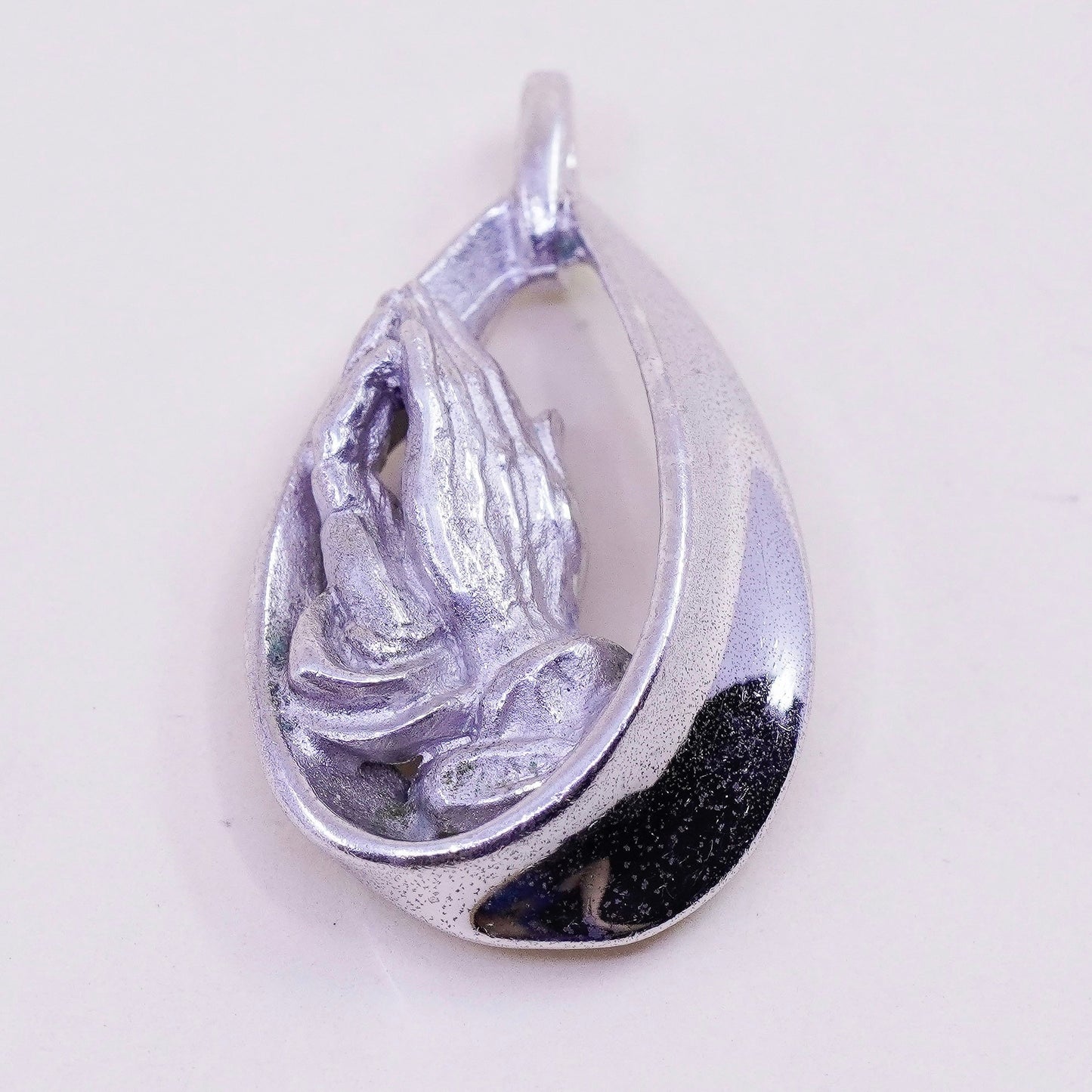 Vintage Sterling silver handmade pendant, 925 teardrop with prayer hands