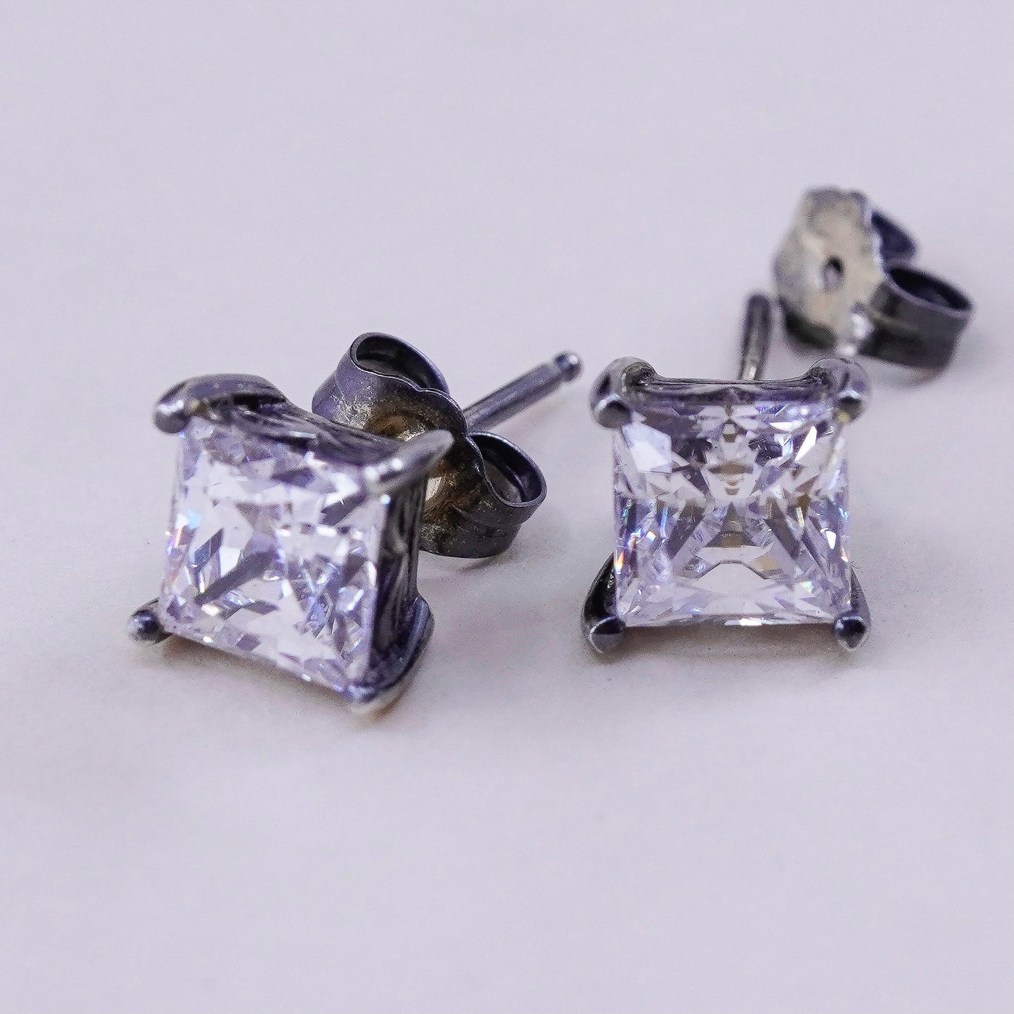6mm, Vintage sterling silver genuine square cz studs, filigree earrings