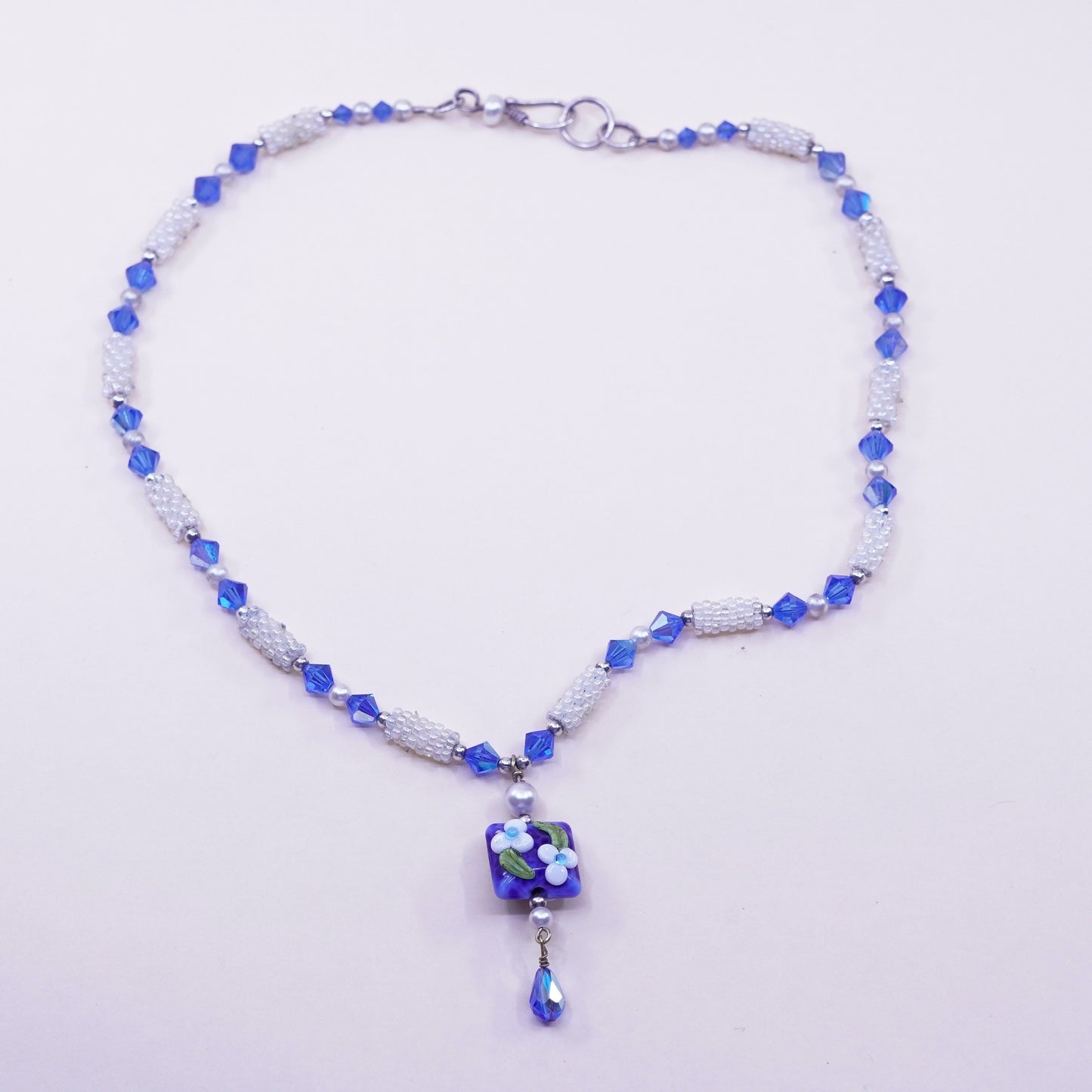 18”, handmade Sterling 925 silver pearl necklace blue beads glass flower