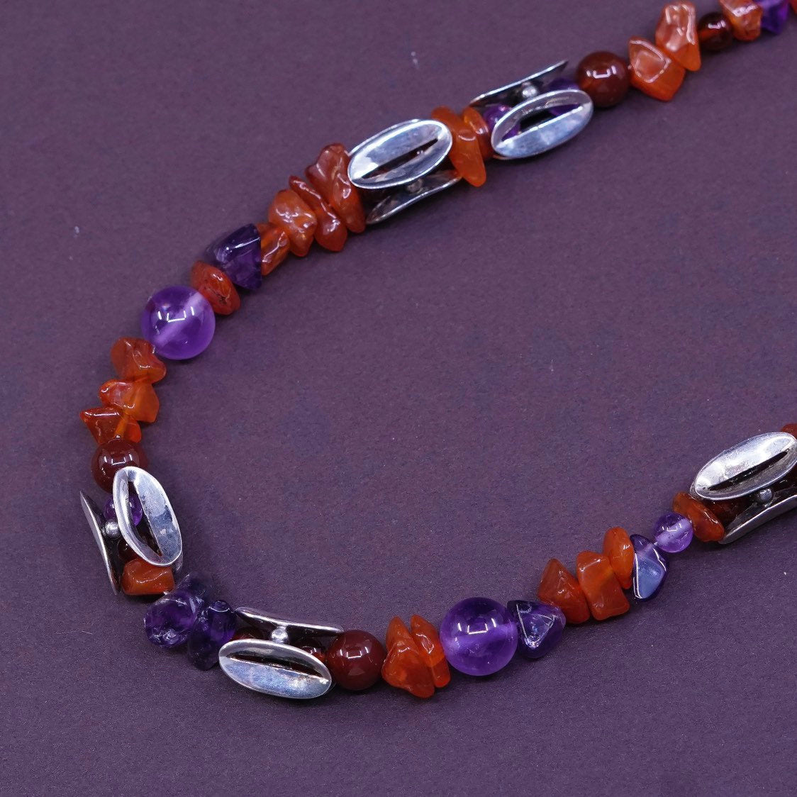 17", Sterling silver handmade necklace, 925 bead w/ Carnelian N amethyst