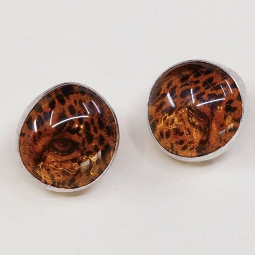 Vtg Sterling Silver Handmade Amber earrings, 925 silver Studs W/ Leopard Inlay