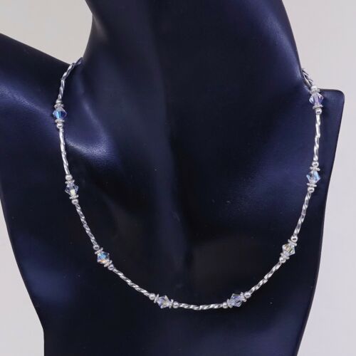 16” 2mm, Vtg 925 Sterling Silver Twisted Bar chain necklace W/ Crystal Beads