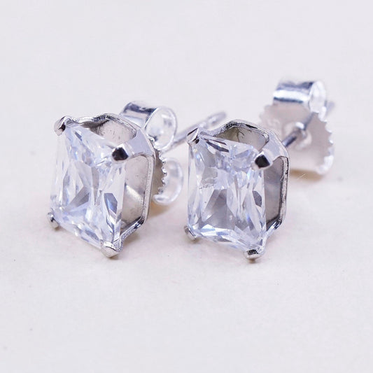 Vintage sterling silver square clear CZ studs, fashion minimalist earrings