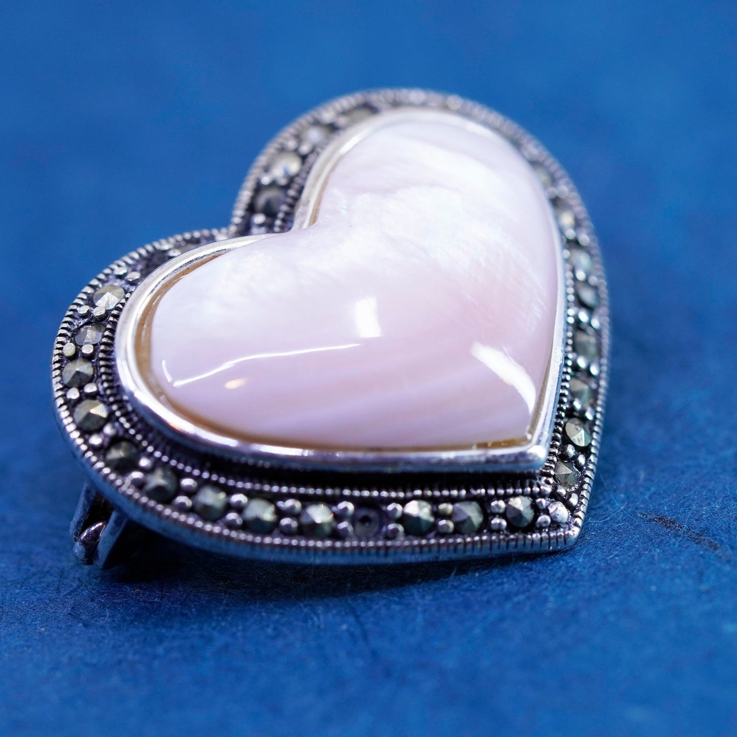 sterling silver handmade brooch, 925 heart pendant mother of pearl marcasite