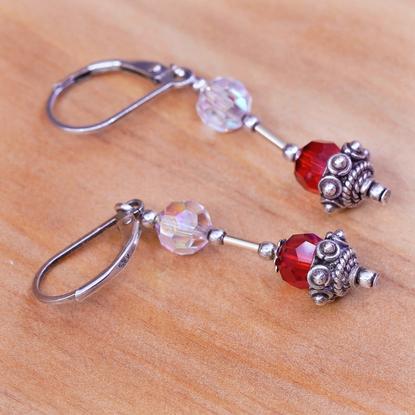 Vintage Sterling 925 silver handmade earrings with clear red Swarovski crystal