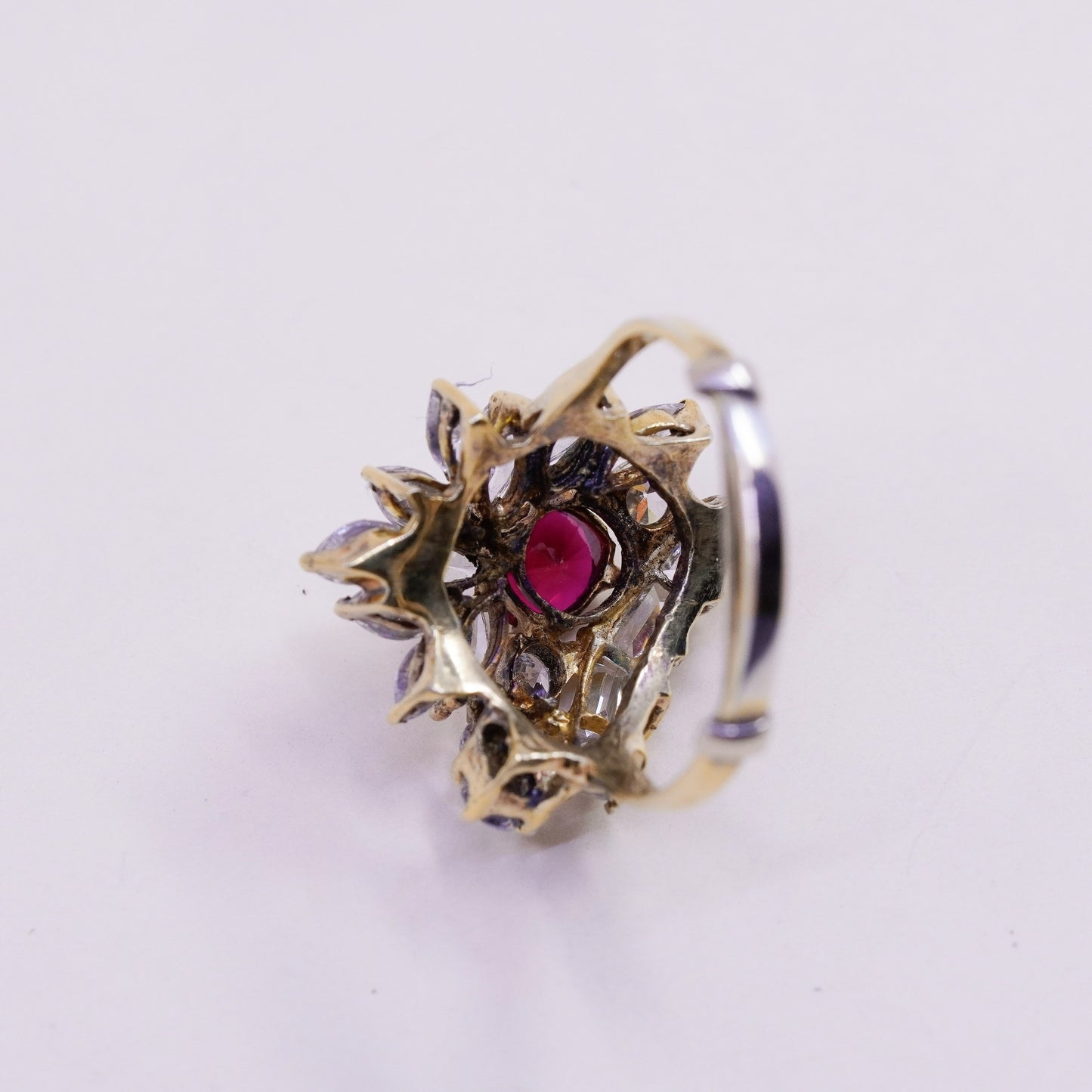 Size 10.5, Vintage sterling silver handmade statement ring, ruby and cluster cz