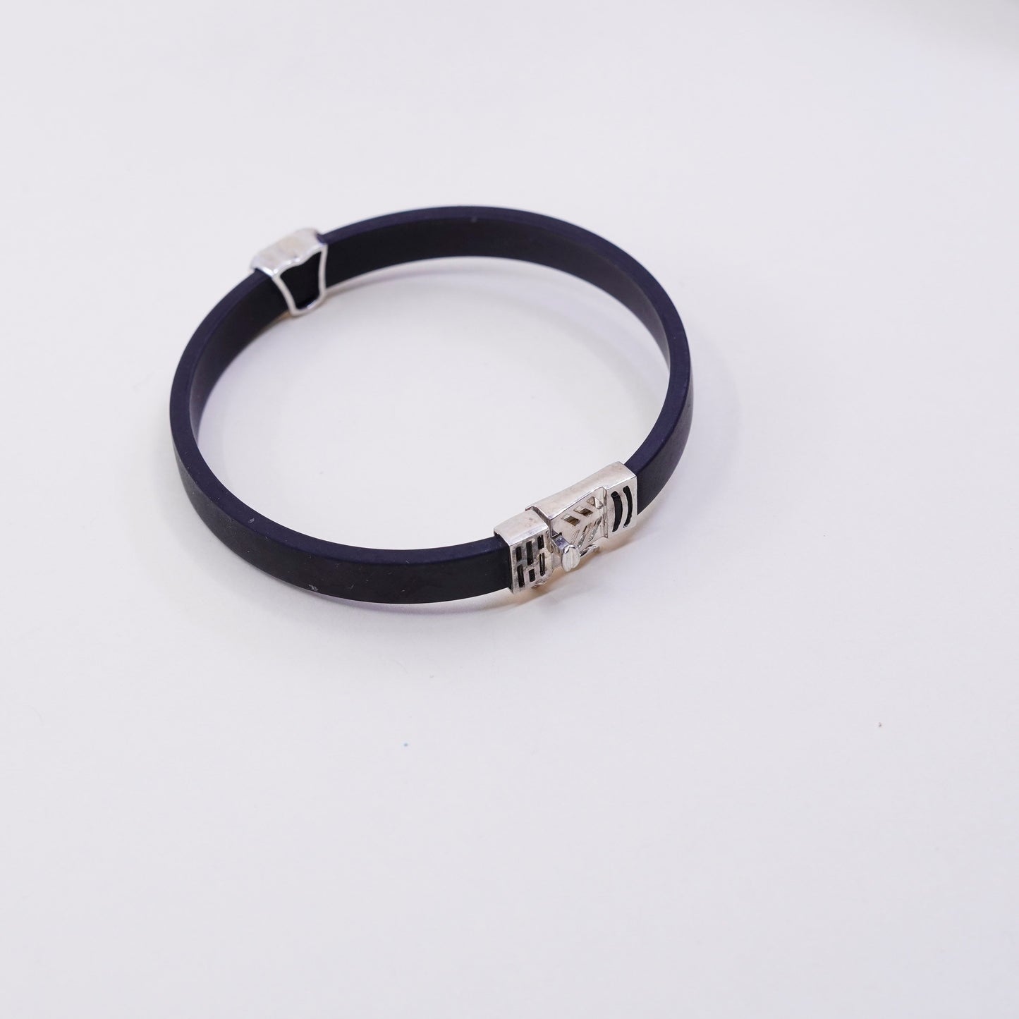 7”, Vintage black rubber bracelet with sterling 925 silver heart and cluster Cz