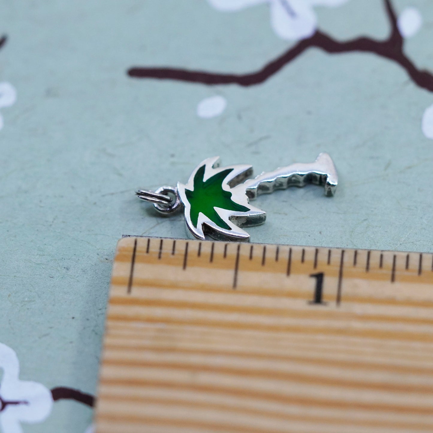 Vintage sterling silver handmade pendant, 925 green palm tree charm