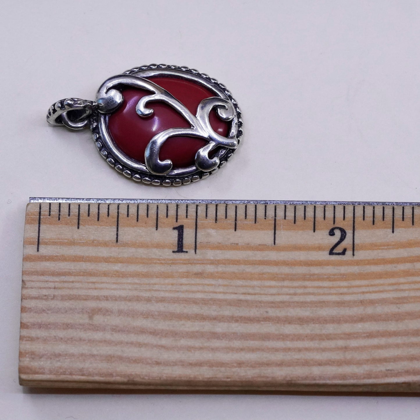 Vintage Sterling silver handmade pendant, Thailand 925 sun red onyx swirly vine