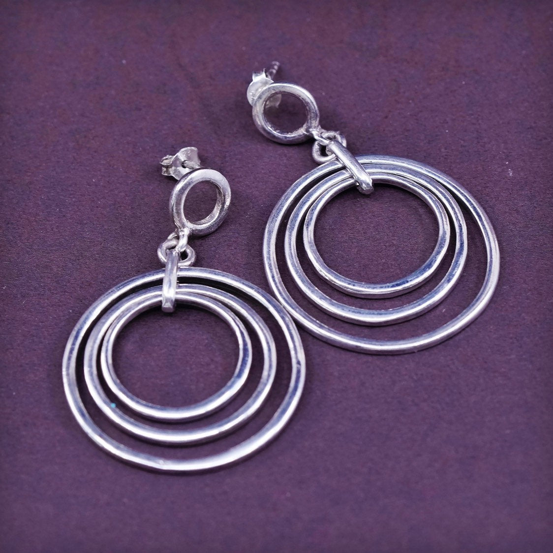 vtg Sterling silver handmade earrings, Modern 925 multi circle dangles