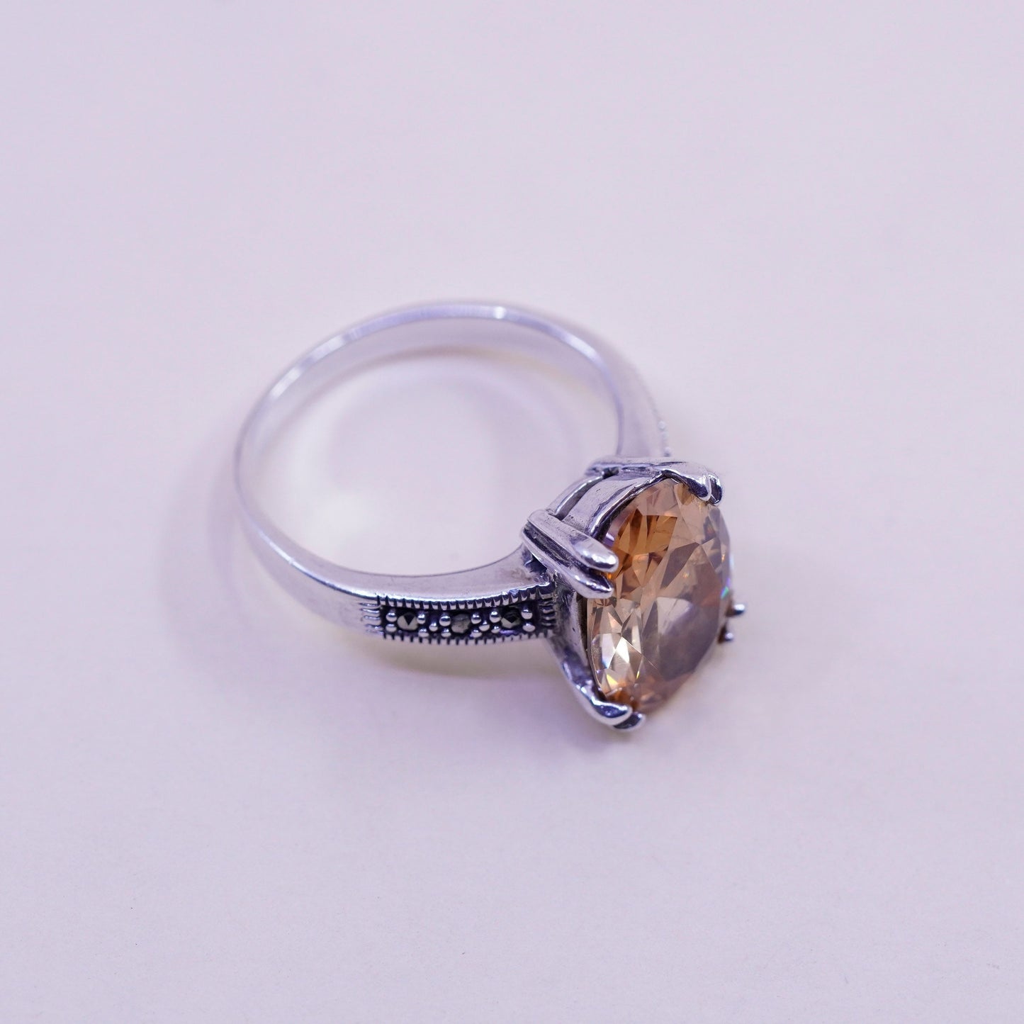 Size 9, Sterling 925 silver handmade cocktail ring with citrine and marcasite