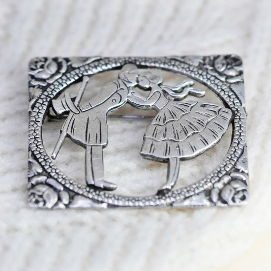 Vintage sterling silver handmade brooch, 925 love couple valentine’s pin