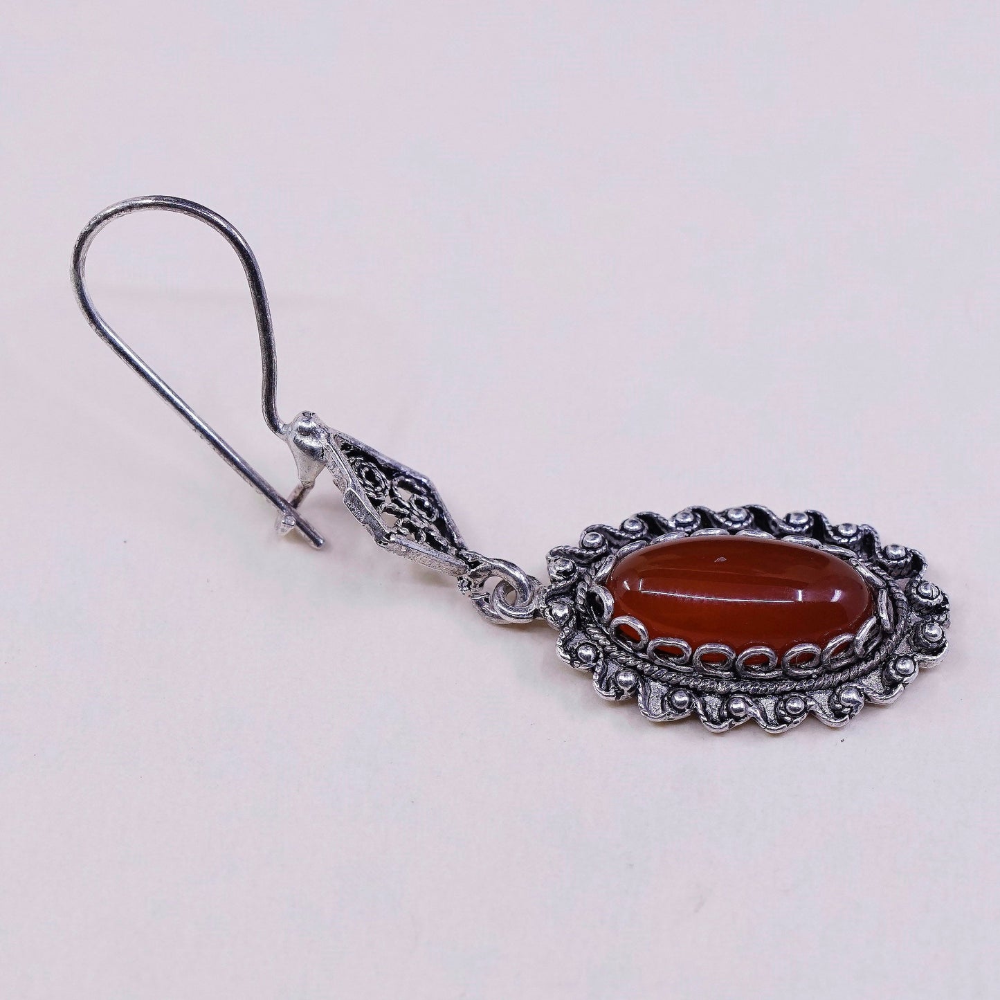 vtg Sterling silver handmade earrings, 925 w/ oval carnelian and bali