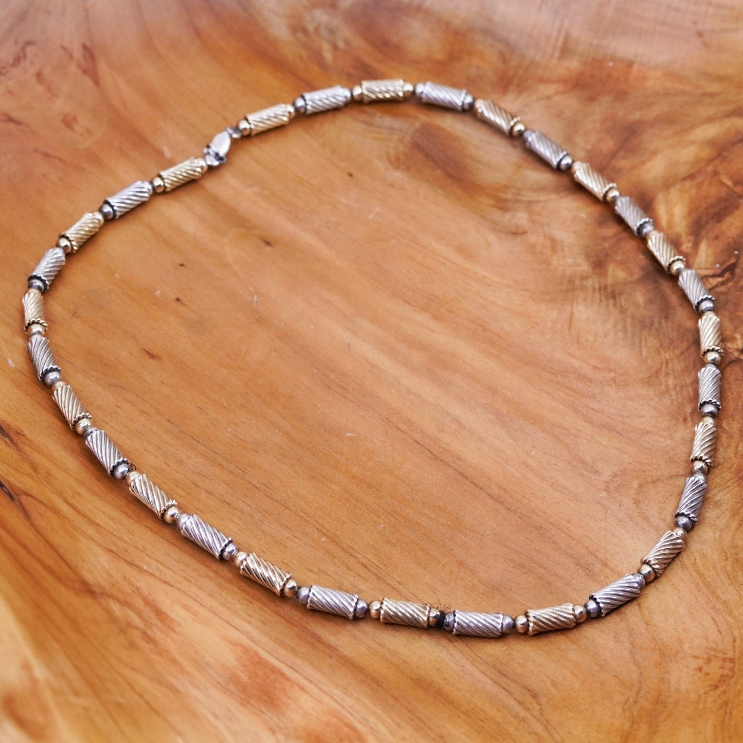 20”, two tone handmade necklace, Sterling 925 silver 14K yellow gold tube